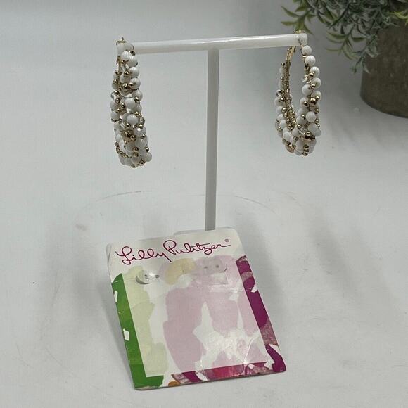 Lilly Pulitzer GWP Resort White Gold Tone Hoop Dangling Beads Earrings New - Picture 1 of 11